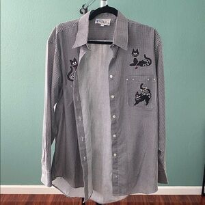 Las Olas by Ovedinternational  Gingham Button Down ShirtCat Embroidered S L W-18